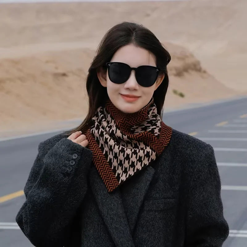 Women Winter Warm Windproof Neck Protection Neck Cover Korean Fashion Knitted Plaid Triangle Scarf