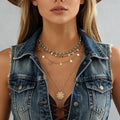3Pcs/Set Vintage Turquoise Beads Flower Plate Pendant Necklace for Women Trendy Ladies Street Choker Fashion Jewelry Accessories