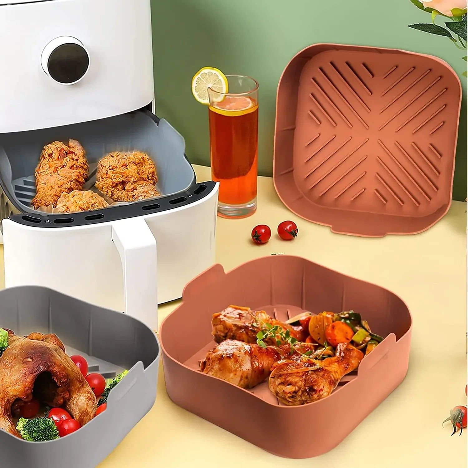 Food Grade BPA-Free Thick Reusable Silicone Oven Baking Tray Easy Clean Air Fryer Liner for Fried Pizza & Chicken Basket Baking