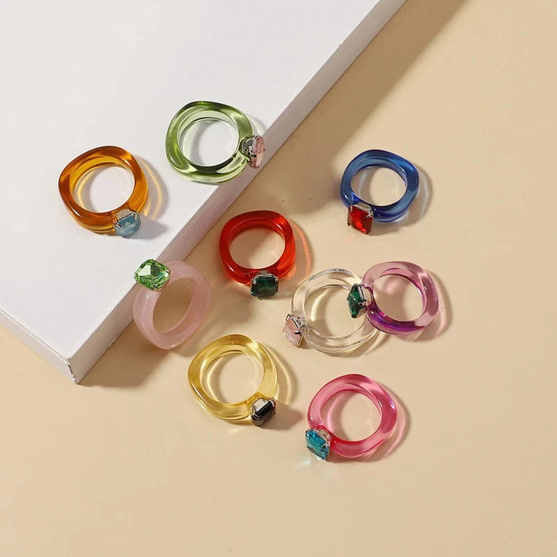 Fashion Acrylic Resin Colorful Rectangle Rhinestone Rings for Women Big Transparent Finger Ring Girls Female Beautiful Jewelry
