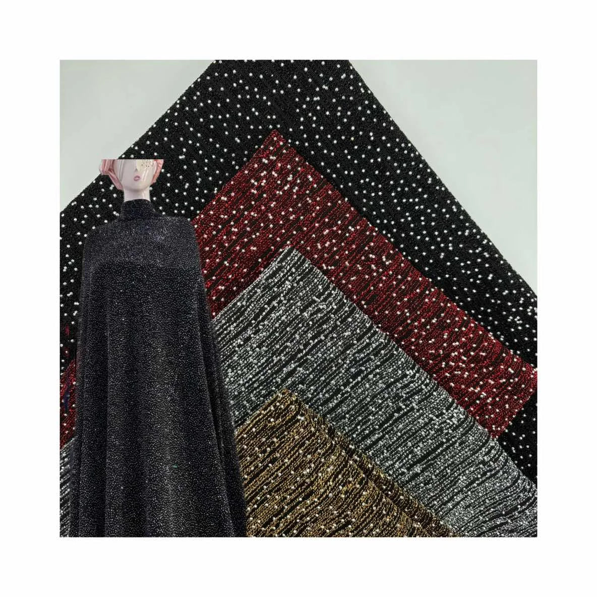 Eco-friendly Manufacture Fashion Silver 95% Polyester 5% Spandex 4 Way Stretch Fabric With Random Rhinestones Knitted Filigree