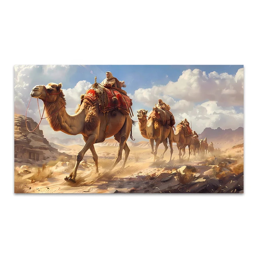 Wholesale Modern Arab Camel Caravans Walk Through the Desert Sandstorm Illustration Canvas Art Prints Handpainted for Room