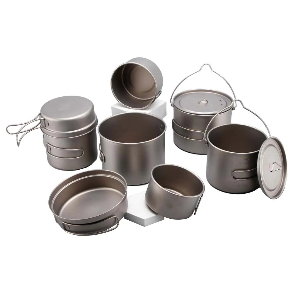 99.96% Pure Titanium Camping Pot Set Outdoor Portable Camping Kitchen Set Saute Pans&Soup Pot Combo Titanium Camping Cookware