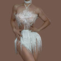 New Arrival Prom Dress Shiny Pearls Tassel Sexy See Through Mesh Women Mini Performance Dress for Party