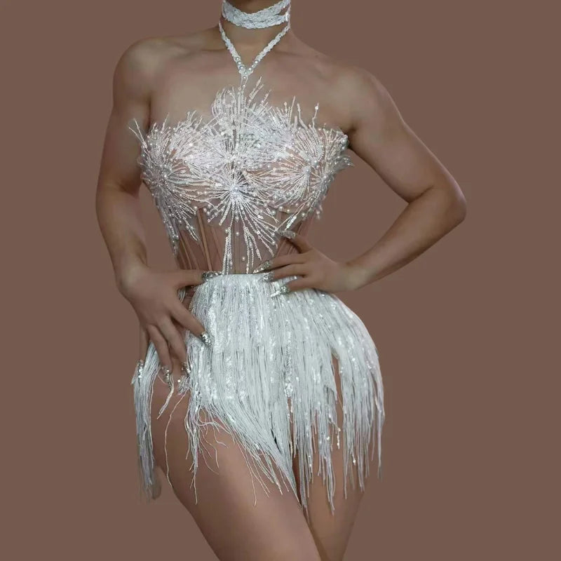 New Arrival Prom Dress Shiny Pearls Tassel Sexy See Through Mesh Women Mini Performance Dress for Party