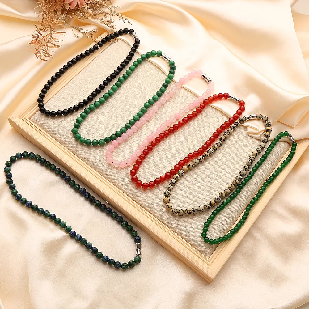 8mm Wholesale Dainty Natural Agate Stone Beaded Necklace Multicolor Gemstone Choker Stainless Steel Necklace for Women