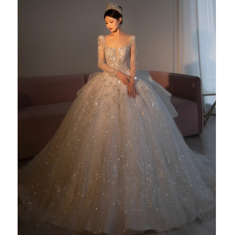 S0012H 2026 New Heavy Industry Trailing Long-sleeved Retro High-end Texture With Diamond Noble Fashion Main Wedding Dress