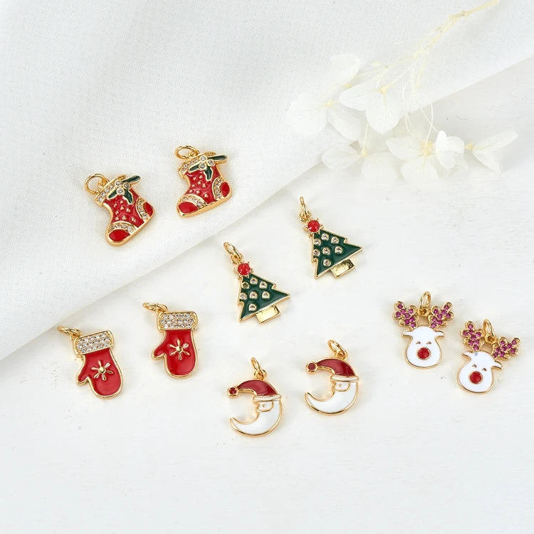 2025 Gift Jewelry Accessories Pendants 14K Gold Plated Enamel Christmas Hat Sock Tree Charms for Necklace Bracelet Making