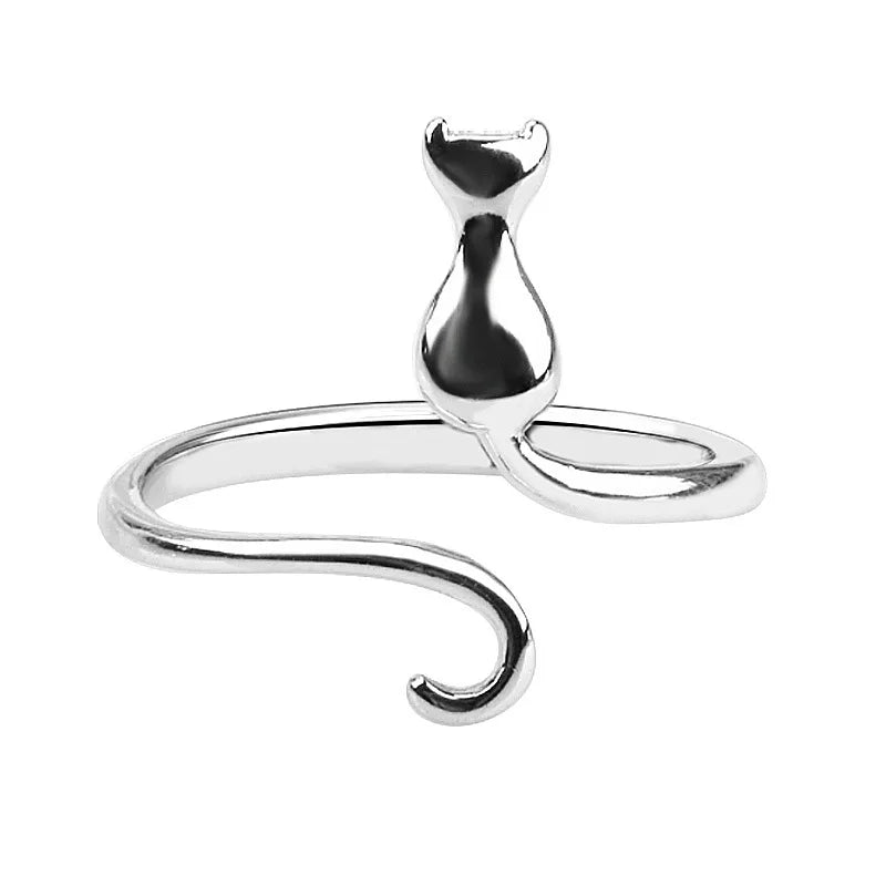 925 Sterling Silver Female Mouth Korean Cat Moon Cat Ring Index Finger Jewelry Tail Ring Simple Personality