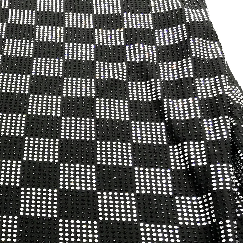 F002 Fashion Stylish Checkered Rhinestone Mesh Fabric for Dress Elastic Crystal Fabric Sewing for Clothing