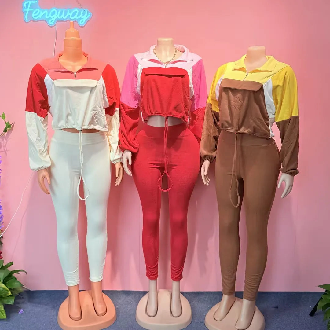 2025 Fall Winter Women Clothes Set Color Block 2 Piece Sets Outfit Women Long Sleeve Zip Sweatshirts + Leggings Suits