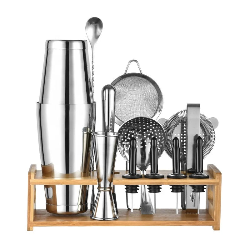 12-Piece Bar Set Stainless Steel Cocktail Shaker Set with Stylish Bamboo Stand Perfect for Home Bar Tools Bartender Tool