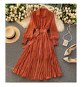 New Women Long Sleeve  French Turn Down Collar Bodycon Long Dot Chiffon Pleated Dress