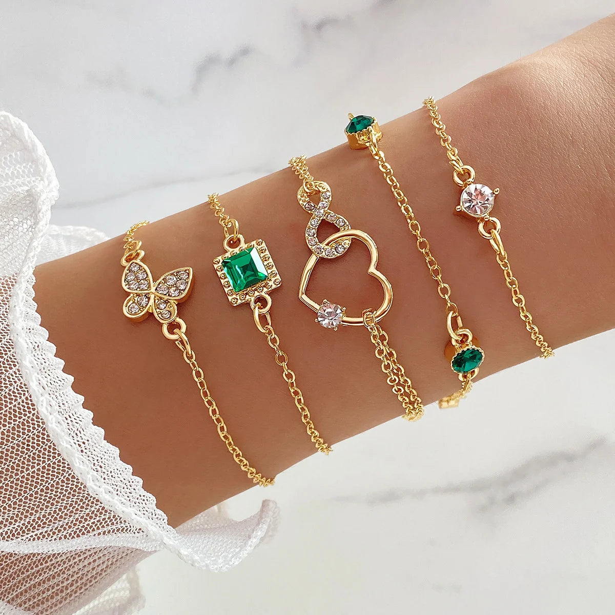 4pcs/set Vintage Square Gold Bracelet With Green Diamonds Butterfly Heart Bracelets Women