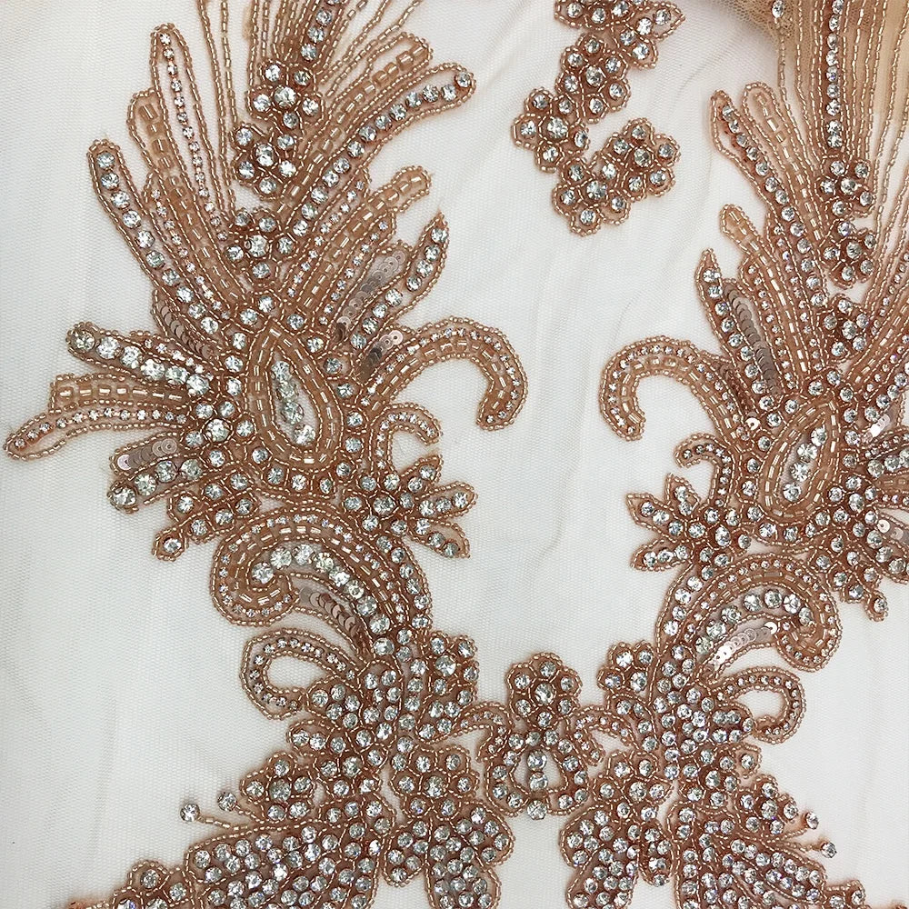 W027 Fancy Rhinestone Beaded Applique Diamond Jewelry Patch Crystal Bodice Applique for Wedding Dress