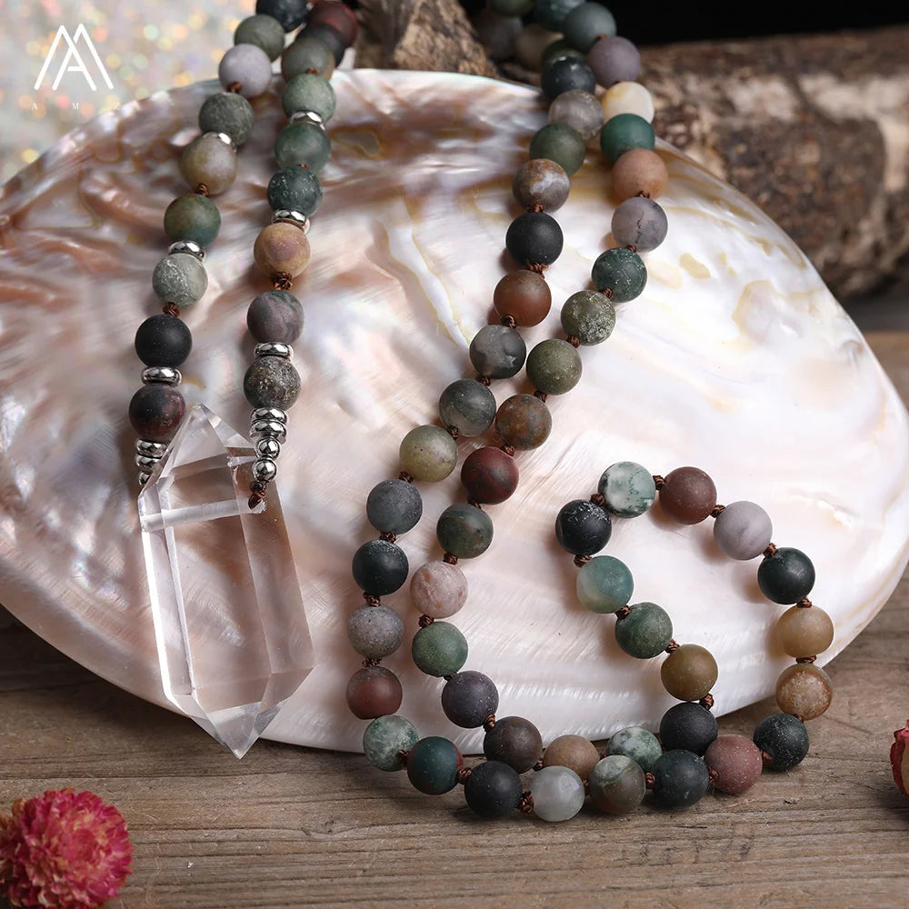 Matte India Agate Mala Necklace  Reiki Chakra Round Beads Healing Crystal Quartz Pendant Necklaces Bulk