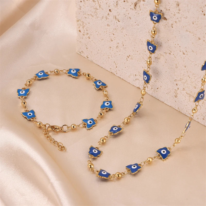 Wholesale Evil Eye Jewelry Sets Gold Plated Stainless Steel Enamel Bracelets Necklace Set for Women for Engagement & Party