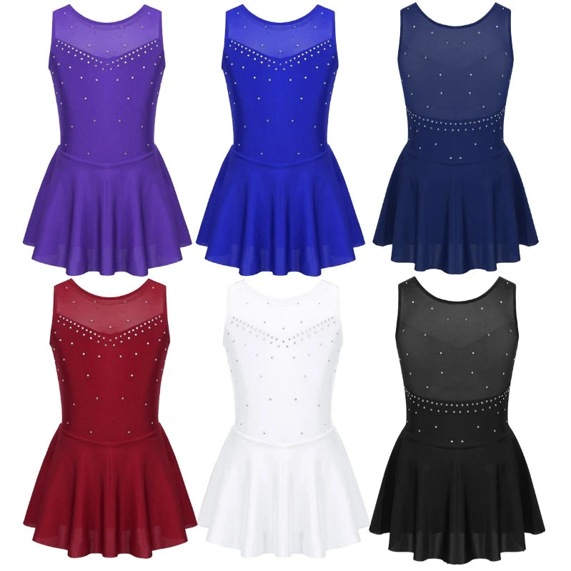 Rhinestone Tulle Ballet Gymnastics Leotard Girls Figure Skating Dress