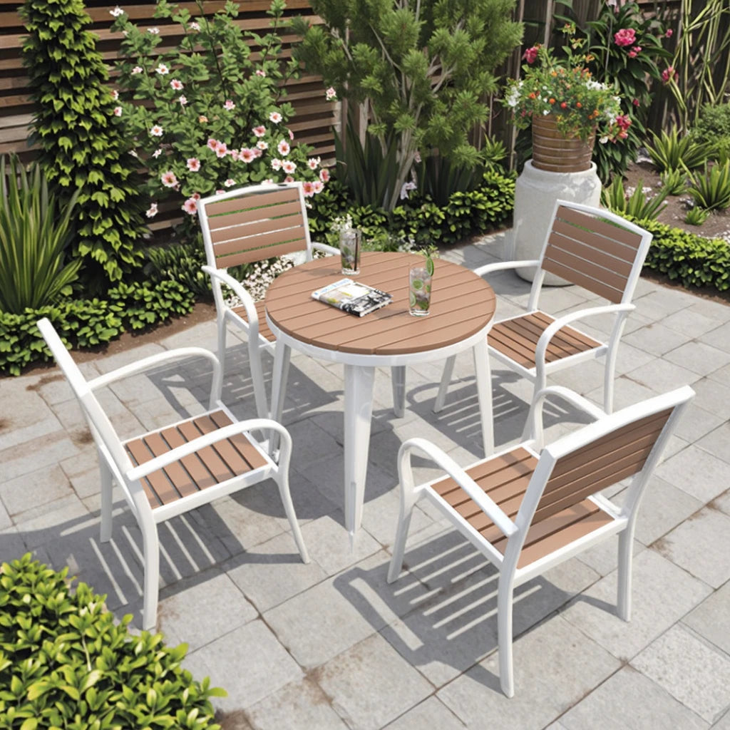 Modern American Style Dining Bar Table Chairs Set Outdoor Plastic Wood Furniture UV Resistant Waterproof Finish Courtyard Hotels