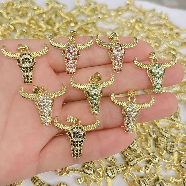 CZ8675 Gold Plated CZ Micro Pave Bull Head Animal Inspire Pendants
