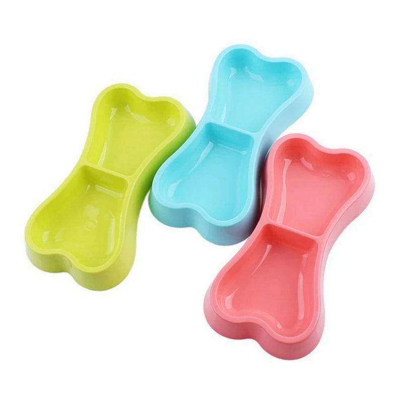 Bright Color Dog Double Bowls Plastic Bone Shape Puppy Water Food Feeder Dog Feeding Bowl for Cats and Puppy Pet Supplies