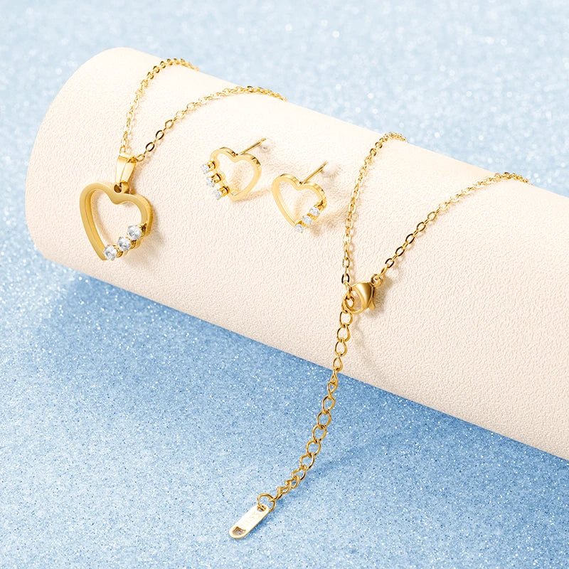 Heart Love Pendant Women's Jewelry 18K Gold Plated Stainless Steel Diamond Necklace Earring Set