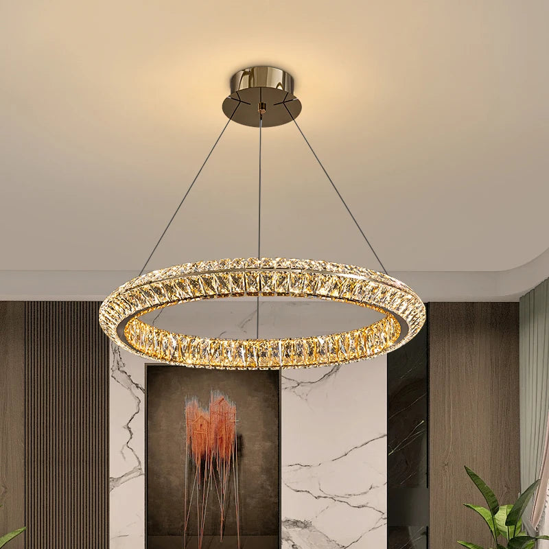 Modern Simple Light Luxury Crystal Stainless Steel Chandelier Living Room Bedroom Dining Room Staircase Duplex Villa Ring Luxury