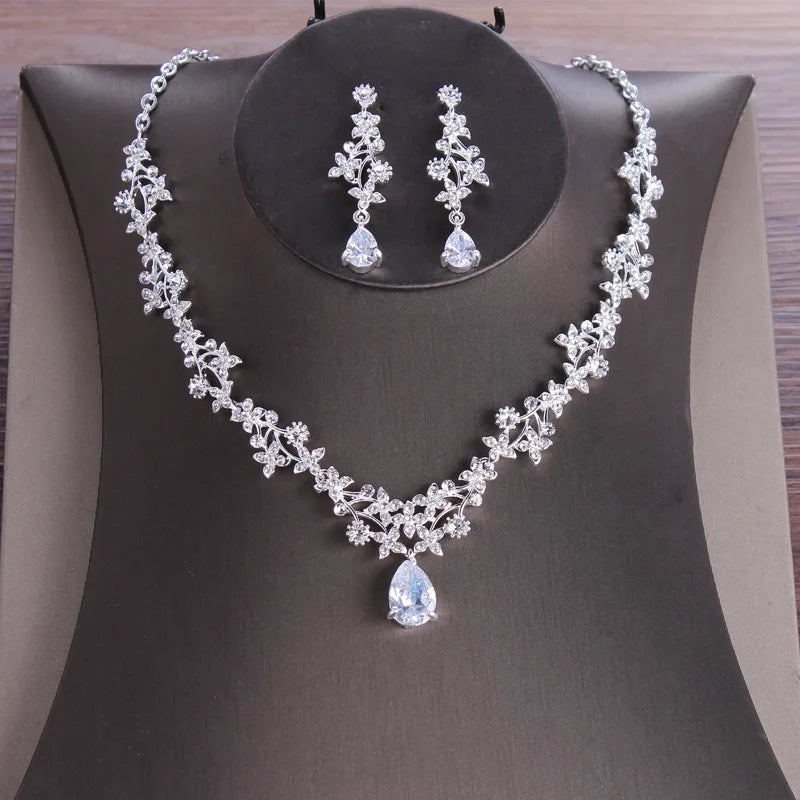 Europe Hot Selling Micro Zircon CZ Bride Jewelry Set Fashion Flower Shape Rhinestone Necklace Wedding Jewelry Set