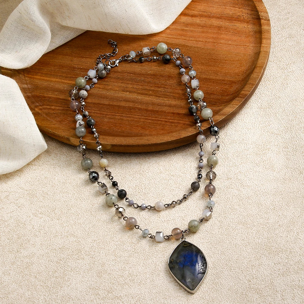 Retro Ethnic Style Women's Jewelry 2-Layer Natural Stone Glass Needle Chain Necklace Gray Sparkling Labradorite Leaf Pendant