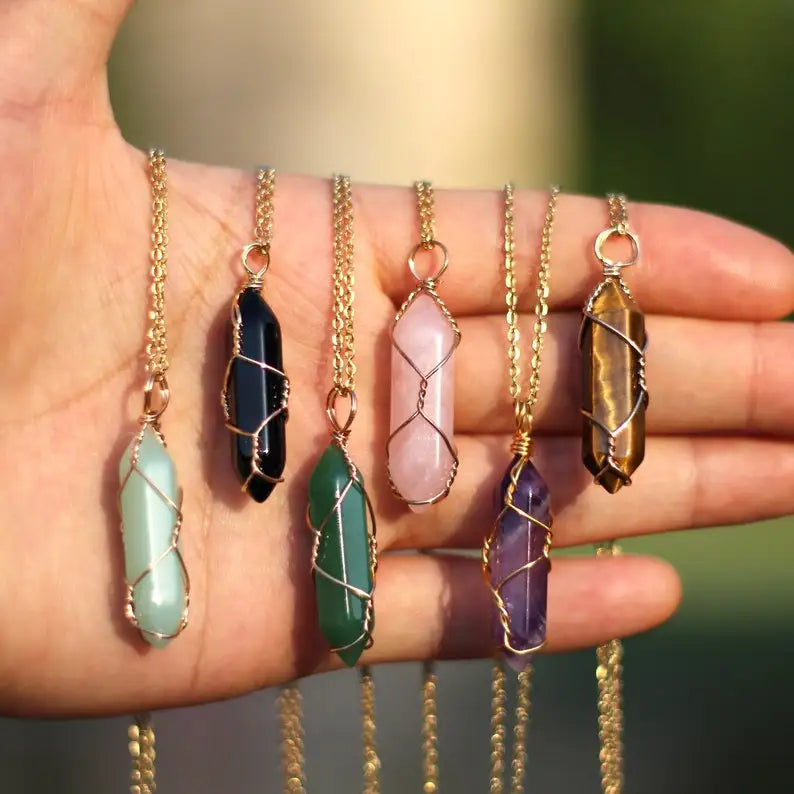 Custom Brass Wire Wrap Gemstone Hexagonal Pendant Pencil Healing Crystal Double Pointed Charms Reiki Chakra Bullet Necklaces