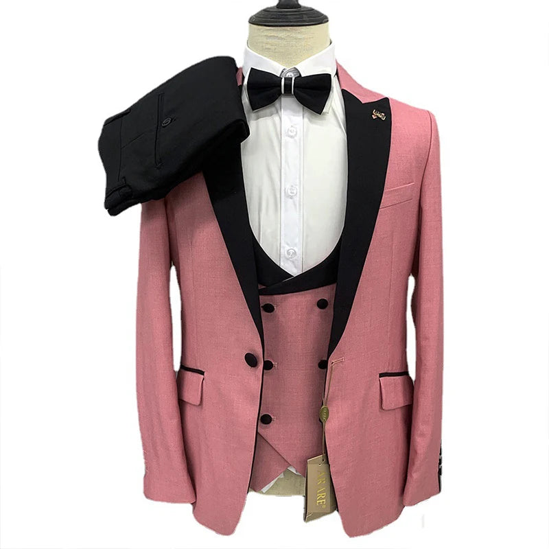 Pink Red Men's Formal Suit Suit Single-breasted Wedding Banquet Slim Dress Men's Suit Three-piece.