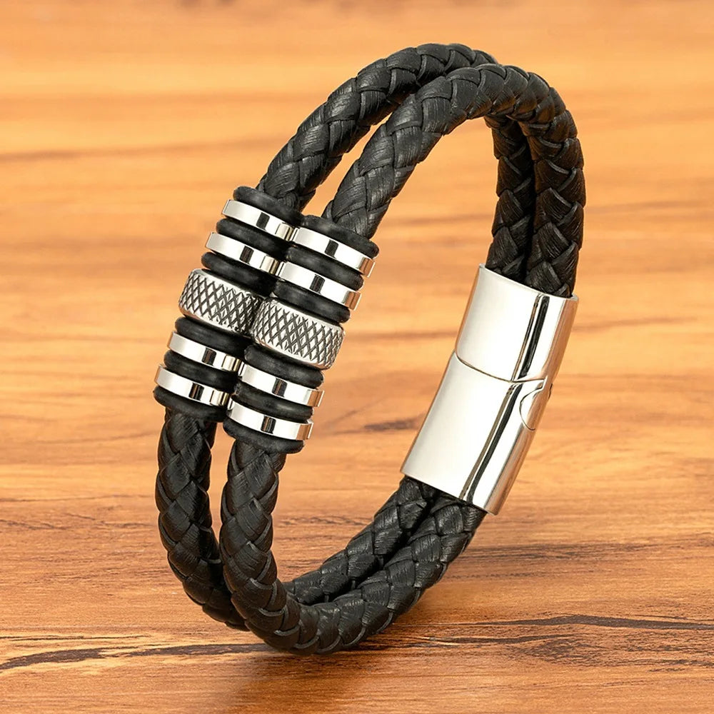Personalized Charm Mens Braided Genuine Leather Bracelet Stainless Steel Beads Custom Name Bangle for Men Vintage Bracelet