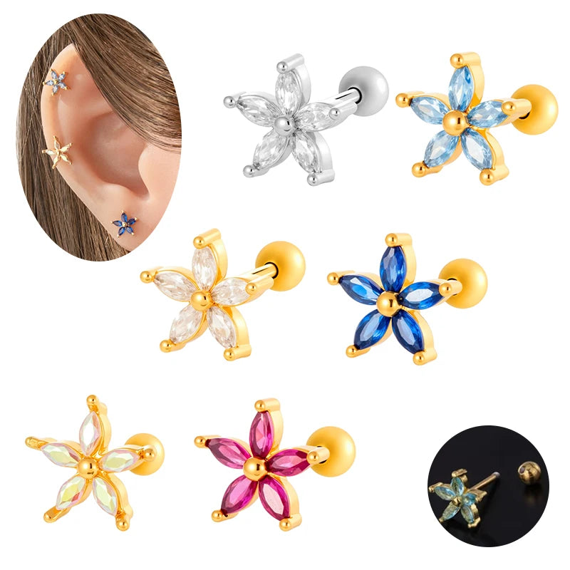 Hengsen Fresh Summer Flower Earrings Blue Pink Aquamarine CZ Lobe Ball Back Studs Auricle Tragus Helix Earring Piercing Jewelry