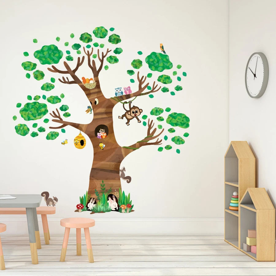 Nursery School Large Jungle Cartoon Animal Tree Wall Stickers for Children Kids Bedroom Decoration