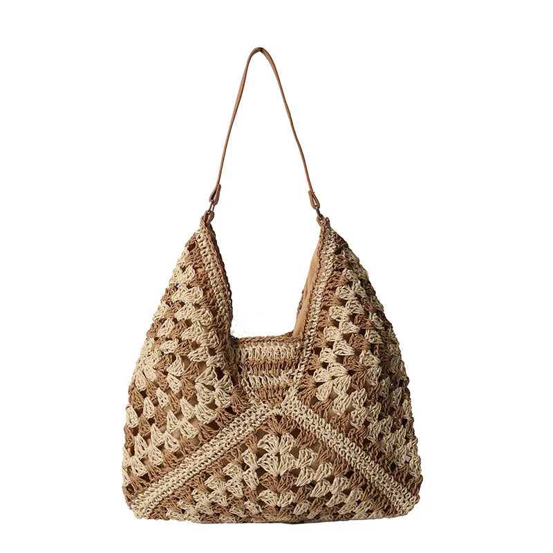 Handmade Large Capacity Crocheted Cotton Polyester Tote Bag Open Fashionable Woven Shoulder Underarm Beach Bag Women's
