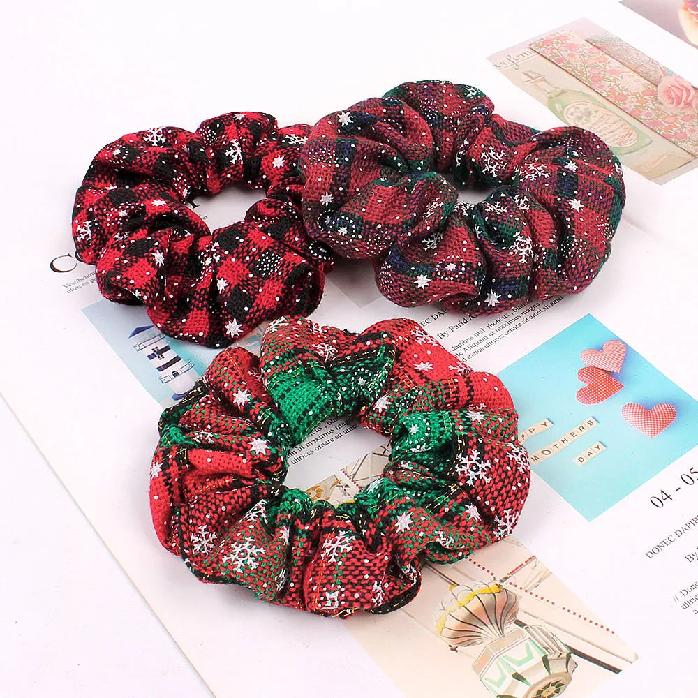 QIYUE Christmas White Snowflake  Scrunchy Hair Tie Chouchou Women Ponytail Holder Heavy Scrunchies