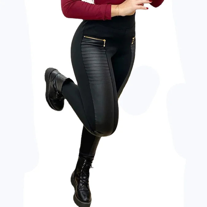 Casual High Waisted PU Leather With Zippers Skinny Women's Clothing Pencil Trousers Other Sports Accessories