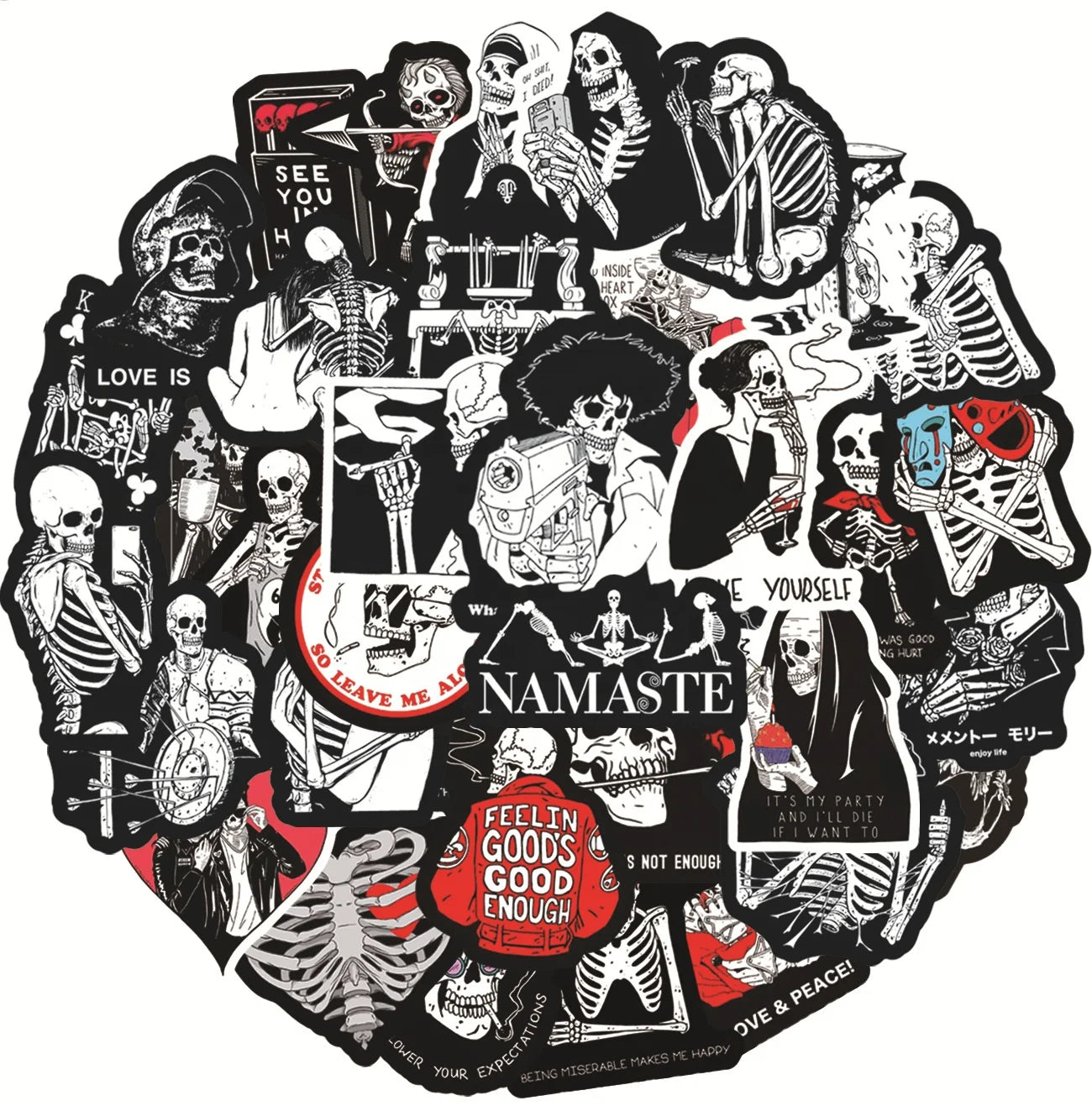 50Pcs Love Inspiration Red Black Skeleton Girl Label Sticker for Paper Skateboard Luggage Laptop Vinyl Diy Stickers