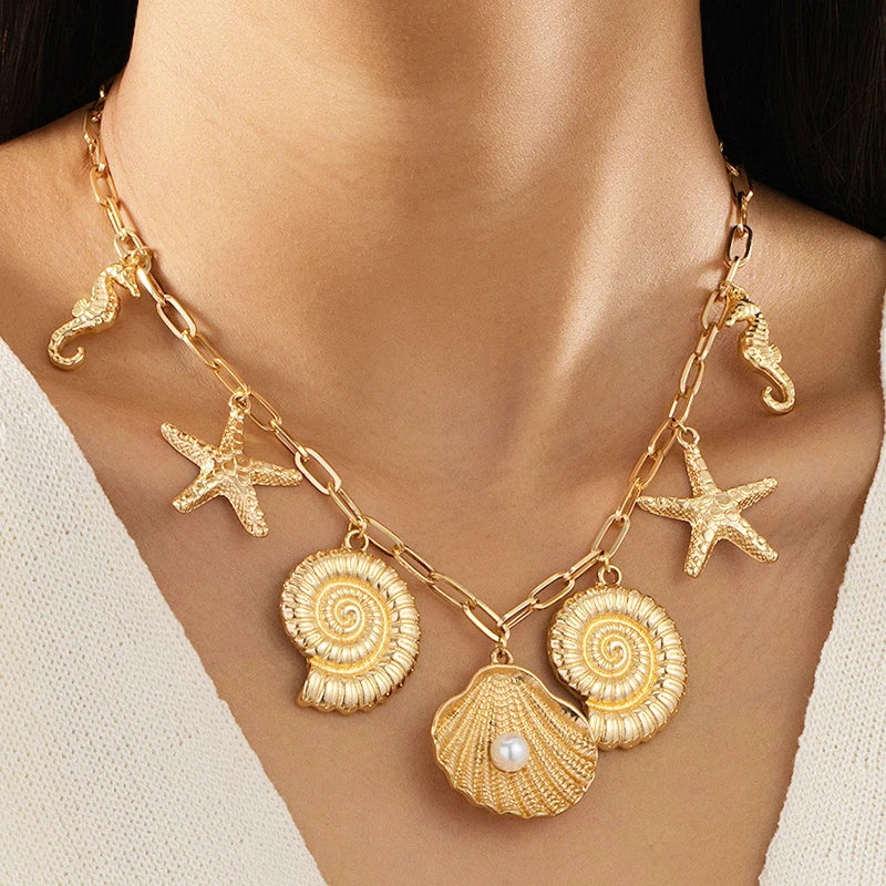 KAIMEI 2025 New Arrival Jewelry Cultural Metal Marine Life Pendant Necklace 18k Gold Plated Zinc Alloy Sea Shell Necklaces