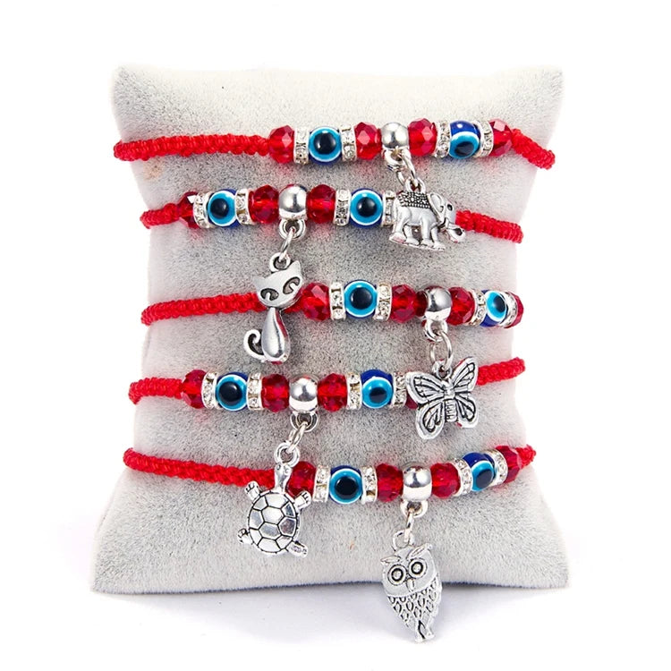 Lucky 9 Style Red Rope String Braided Turkish Evil Blue Eye Fatima Hand Beads Bracelet for Women