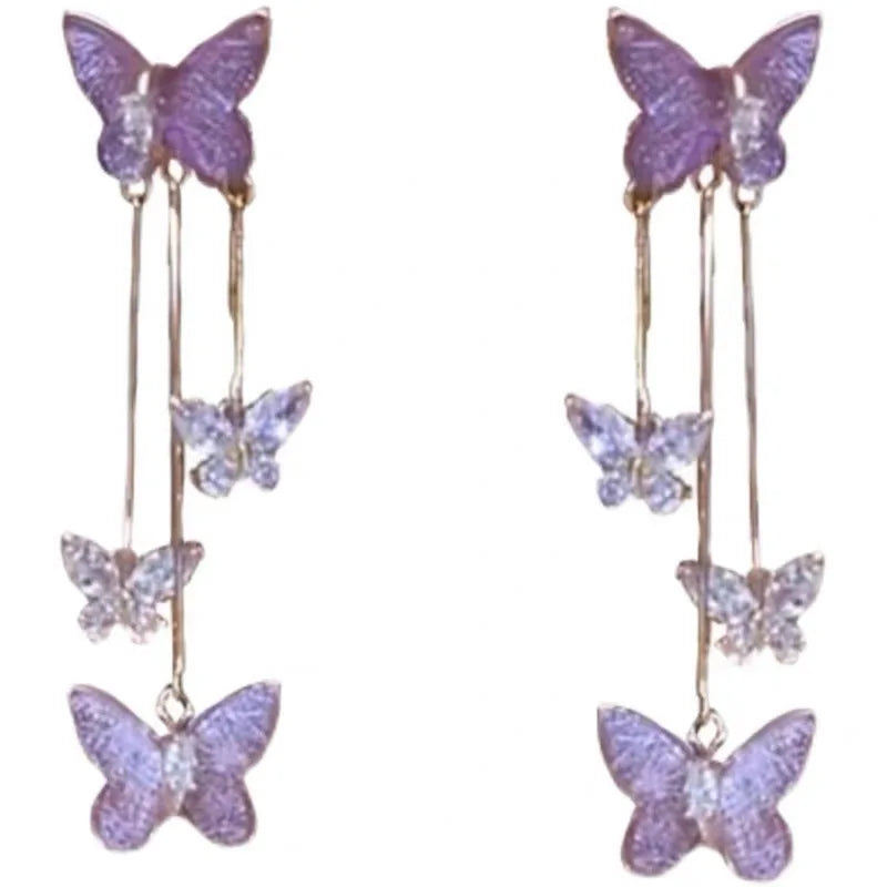 AA00457 Women's Hot-Sale Korean 925 Sterling Silver Stud Earrings with Rhinestone Butterfly Tassel Mainly Made of Alloy