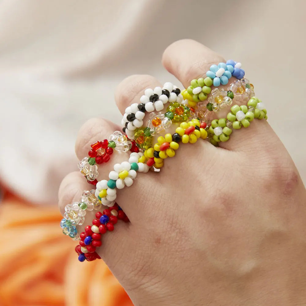 Fashion Trendy Cute Handmade Glass Rice Seed Beads Flower Charm Elastic Cord Stretchy Finger Ring Jewelry Rings for Girls Women