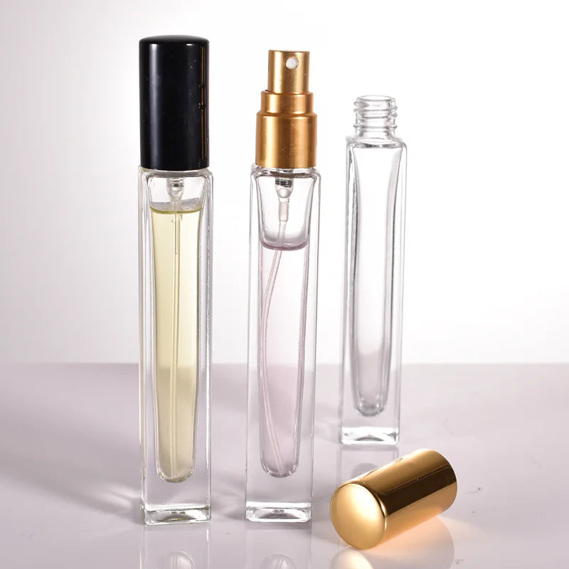 Mini 10ml Clear Glass Perfume Bottle Pump Tall Square Design Mini Tall square Small Travel Perfume Bottle Screw Cap for Sale