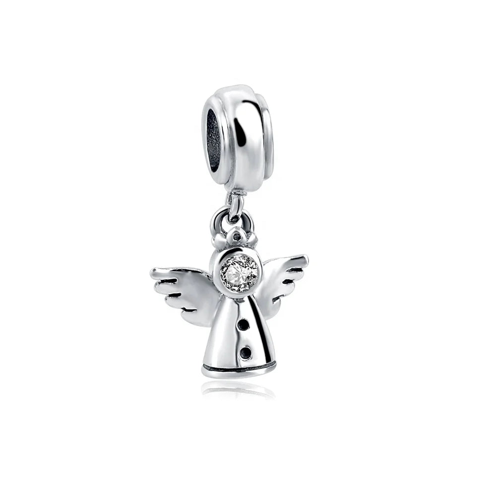 2022 New 925 Sterling Silver Rhodium Plated Angel Charm with Bezel Setting Zircon for Women-Gift