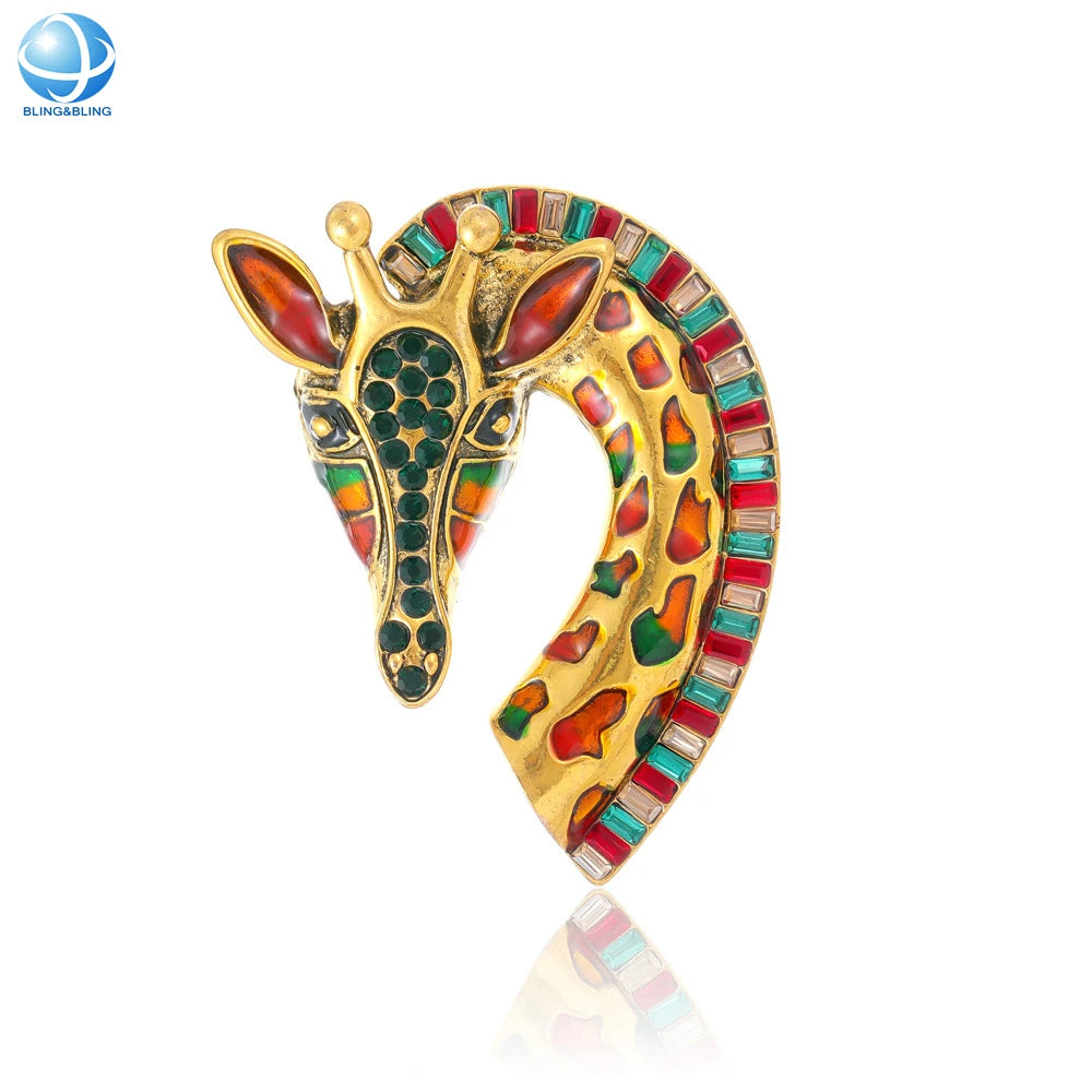 Exaggerated Alloy Animal Jewelry Collection Giraffe Head Rhinestone Pin Vintage Gold Diamond Unisex Coat Brooch