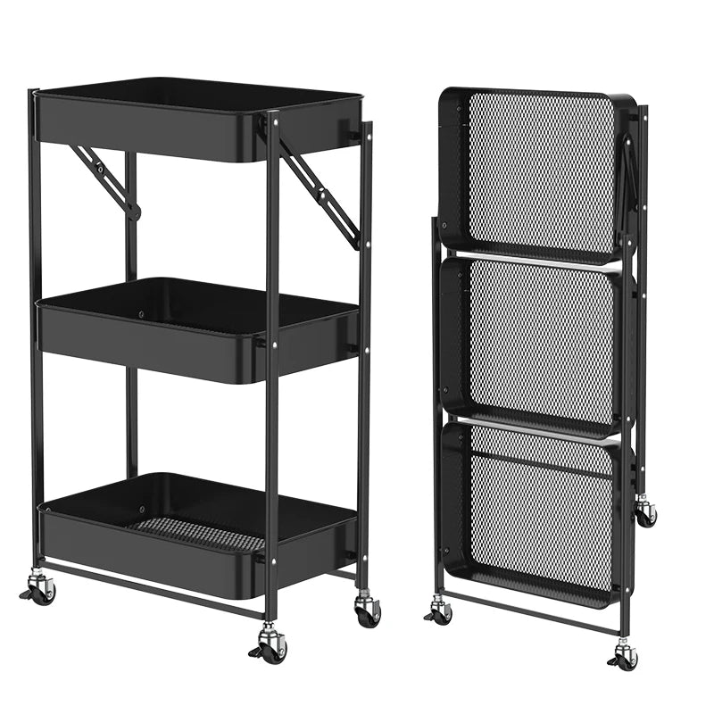 Fashion Metal Rolling Storage Organizer Rack Storage Utility Tool Trolley 3 Tier Folding Rolling Cart