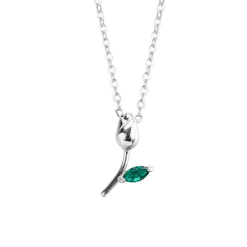Fashion Jewelry 925 Sterling Silver Flower Zircon Necklace Rose Leaf Green Pendant Gold Plated Necklaces for Women
