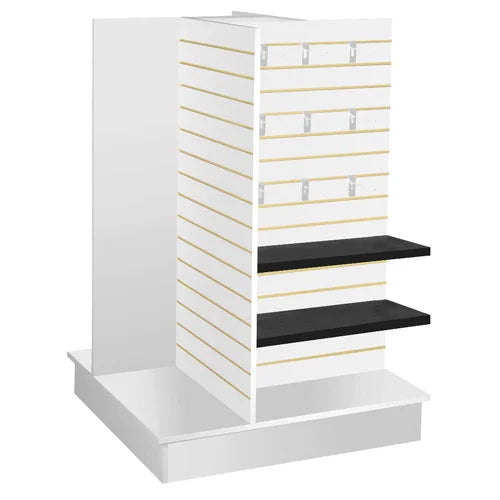 Rotatable 4-Way Slatwall Fixture Retail Store Clothes Rack Wood MDF Aluminum Modern Style Melamine Laminated Surface Castors