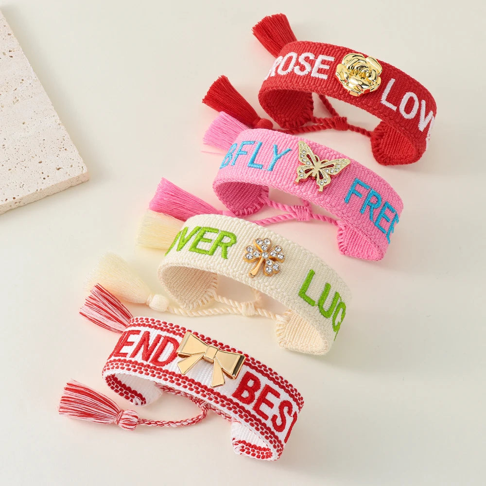 Custom Logo Woven Bracelet Friendship Adjustable Handmade Polyester Fashion Style Tassels Embroidery Women's Bracelet