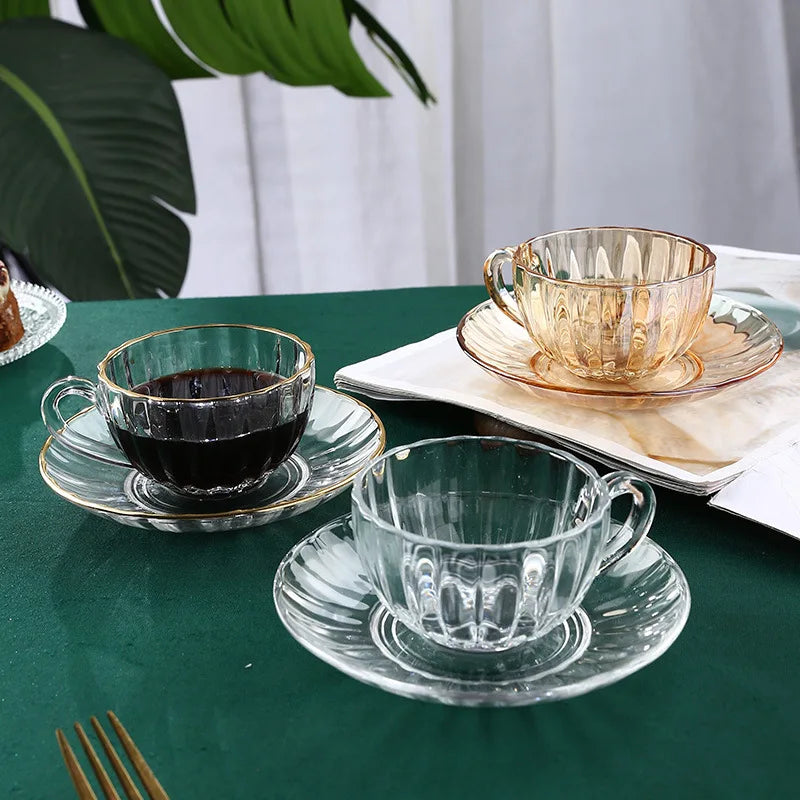 Solhui Golden Rim Amber Transparent Coffee Cup and Saucer Set